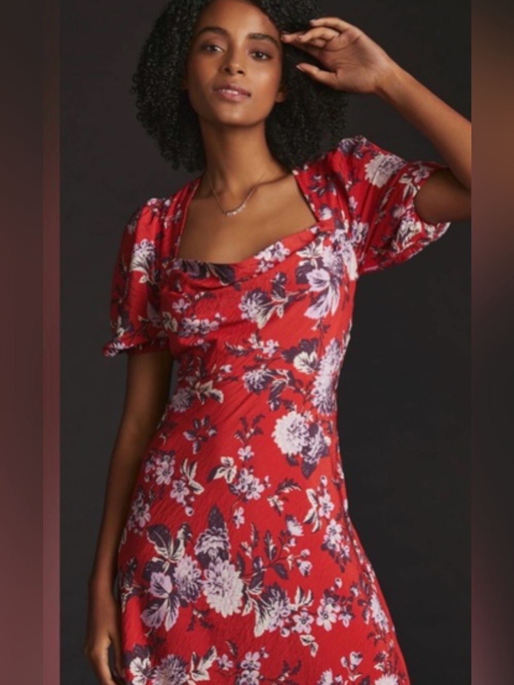 NWT Anthropologie Red Floral Puff-Sleeve Dress SZ SM pit2pit17”waist 16” L 56” - Picture 2 of 15